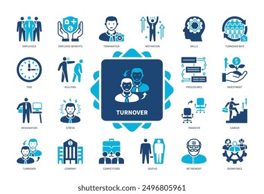 Conjunto de iconos de rotación. Beneficios de los empleados, tasa de rotación, renuncia, transferencia, jubilación, fuerza laboral, terminación, empresa. Iconos sólidos de color duotono