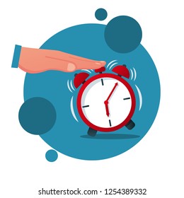 Turns off alarm clock cartoon icon. Vector illustration flat design. Isolated on white background. Man presses the alarm button.
