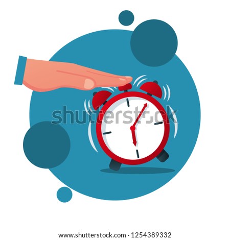 Turns off alarm clock cartoon icon. Vector illustration flat design. Isolated on white background. Man presses the alarm button.
