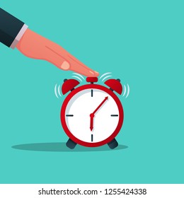 Turns off alarm clock. Vector illustration flat design. Isolated on white background. Man in a suit presses the alarm button.