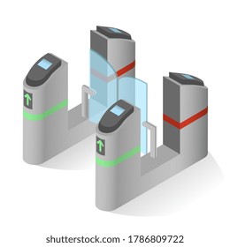 Turnstile, buffle or automated gate. One-way human traffic isometric realistic illustration. Entrance to metro, underground, subway, public toilet. Vector turnstile isolated on white background.