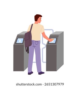 Entrada de torniquete com homem de pé na barreira de torniquete fechado para verificar o pagamento do acesso, vista traseira. Cara segurando a mão na máquina automática do portão para passar através da ilustração do vetor de desenhos animados