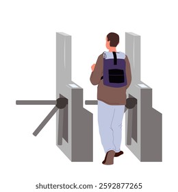 Turnstile entrance with young man standing at tourniquet barrier, back view. Student with backpack walking towards closed automatic gates to enter metro or go out into city cartoon vector illustration