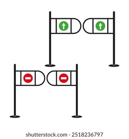 Ícone de torre ajustado. Seta verde e sinais vermelhos de entrada proibida. Portões de entrada e saída. Design vetorial.