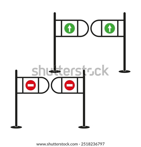 Turnstile icon set. Green arrow and red no entry signs. Entrance and exit gates. Vector design.
