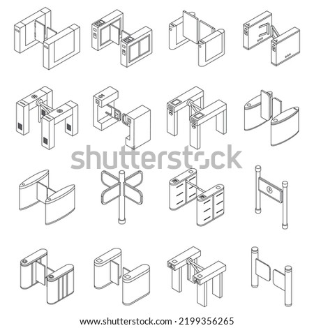 Turnstile icons set. Isometric set of turnstile vector icons outline thin lne isolated on white