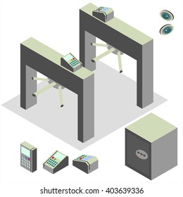 turnstile, video camera, safe, recorder isometric illustration
