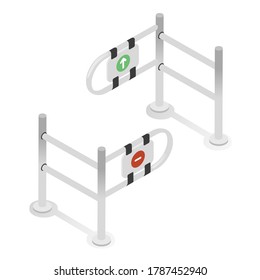 Turnstiles gate, input metal stand isometric illustration. Checkpoint for company visitors, public transport passengers. Paid access, faregate or ticket barrier. Security system. Realistic vector.