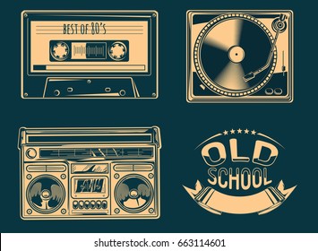 Turntable, boom box and audio cassette - retro music objects