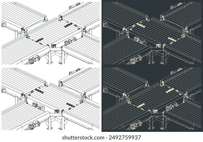 Turntable conveyor technical drawings. Roller conveyor with a turntable section that switches the direction of movement from the first conveyor line to the perpendicular second one