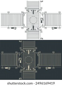 Turntable conveyor technical drawings. Roller conveyor with a turntable section that switches the direction of movement from the first conveyor line to the perpendicular second one