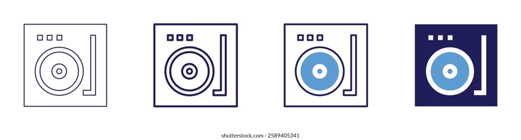 Turntable device icon in 4 different styles. Thin Line, Line, Bold Line, Duotone. Duotone style. Editable stroke.