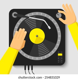 Turntable And Dj Hands. Music Concept In Flat Style