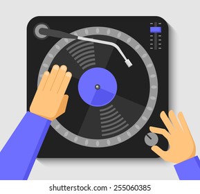 Turntable And Dj Hands. Music Concept In Flat Style