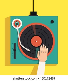 Turntable with dj hands. Vector flat illustration. Playing mixing music on vinyl turntable. Equipment deck and mixer. Retro style. sound and party. Modern music