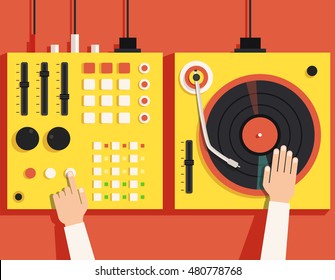 Turntable with dj hands. Vector flat illustration. Playing mixing music on vinyl turntable. Equipment deck and mixer. Retro style. sound and party. Modern music