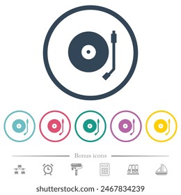 Turntable flat color icons in round outlines. 6 bonus icons included.