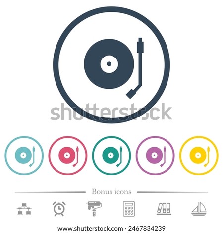 Turntable flat color icons in round outlines. 6 bonus icons included.