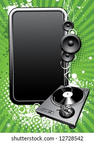 Turntable and glossy banner on a grunge background