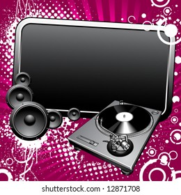 Turntable and glossy banner on a grunge background