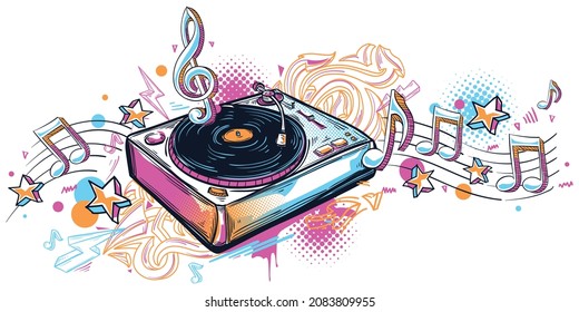 Turntable with graffiti arrows and musical notes, colorful funky music design