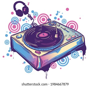 Turntable graffiti, colorful funky music design