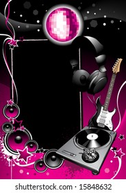 Turntable, guitar, headphones, discoball on dark background