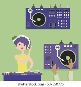 Turntable with  hands. DJ girl with console.