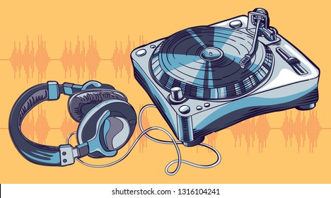 Turntable and headphones, decorative music design 