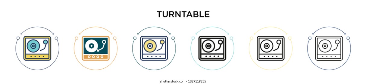 Turntable icon in filled, thin line, outline and stroke style. Vector illustration of two colored and black turntable vector icons designs can be used for mobile, ui, web