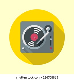 Turntable icon. Flat design long shadow. Vector illustration.