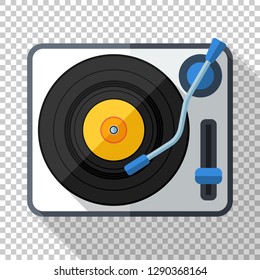 Turntable icon in flat style with long shadow on transparent background