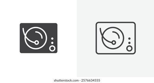 Turntable icon set in black flat solid and outlined style.