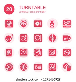 turntable icon set. Collection of 20 filled turntable icons included Vinyl, DJ, Record player, Record, Turntable, Dj mixer