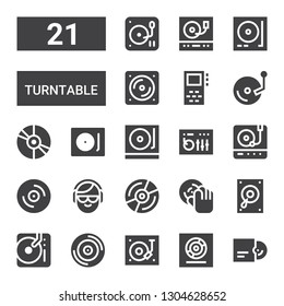 turntable icon set. Collection of 21 filled turntable icons included Vinyl, Turntable, DJ, Record player, Dj mixer, Record