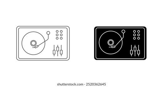 Conjunto de ícones de mesa giratória. dj play record vetor symbol. music mixer disk player sign in black filled and outline style