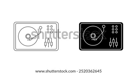 Turntable Icon set. dj play record vector symbol. music mixer disc player sign in black filled and outlined style