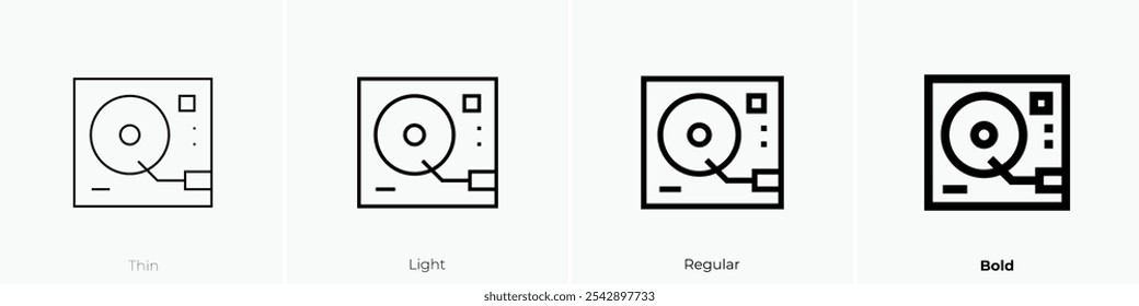 icono de tocadiscos. Diseño de estilo delgado, ligero, regular y audaz aislado sobre fondo blanco