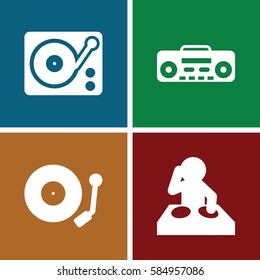 turntable icons set. Set of 4 turntable filled icons such as gramophone, record player