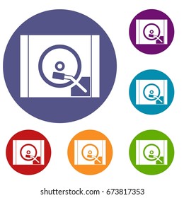 Turntable icons set in flat circle reb, blue and green color for web
