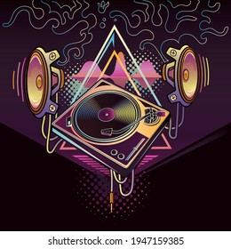 Turntable and  loudspeakers - electronic music psychedelic colorful musical design