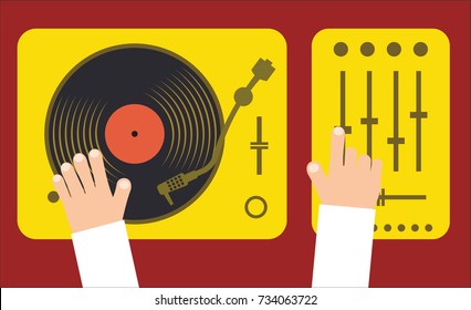 Turntable and mixer with dj hands modern music flat concept vector illustration