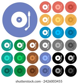 Turntable multi colored flat icons on round backgrounds. Included white, light and dark icon variations for hover and active status effects, and bonus shades.