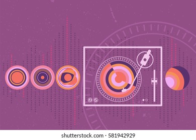 Turntable and music vinyl graphic symbol with sound wave as background.