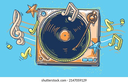 Turntable with musical notes, drawn colorful music design