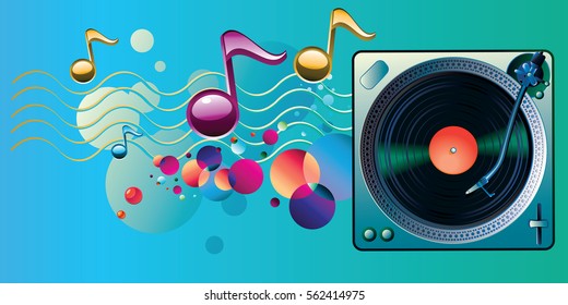 Turntable and notes colorful modern music design