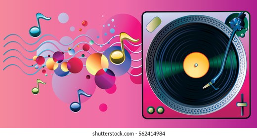 Turntable and notes colorful modern music design