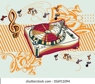 Turntable And Notes On Graffiti Background