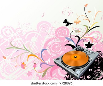 turntable on floral grunge background