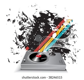 turntable on grunge wave halftone line background, vector illustration